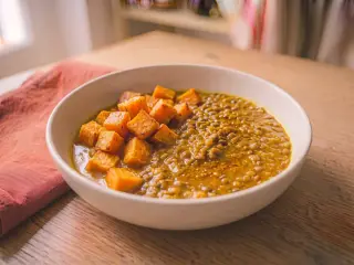 Green lentil and sweet potato dal with coconut milk