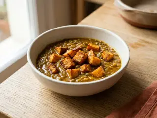 Dahl de lentilles vertes et patates douces rôties
