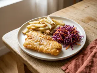 Fish and chips maison au four avec salade de chou rouge