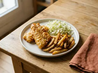 Fish and chips maison au four avec salade de chou