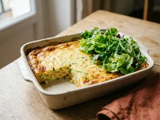 Flan aux légumes et œufs, servi avec salade verte