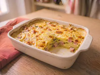 Gratin de courgettes, pommes de terre et jambon blanc