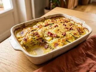Gratin de courgettes, pommes de terre et lardons de dinde