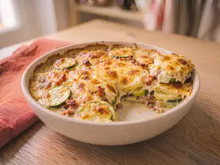 Gratin de courgettes, pommes de terre et lardons fumés