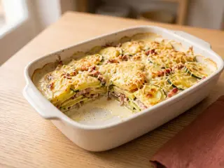 Zucchini, potato and bacon gratin