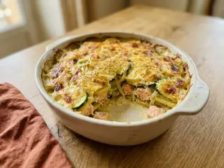 Gratin de courgettes, pommes de terre et saumon frais