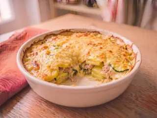 Zucchini, potato and tuna gratin
