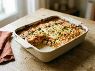 Gratin de patate douce et poulet rôti aux herbes