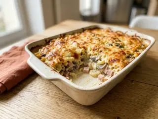 Baked pasta with mushrooms and cooked ham