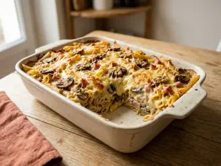 Gratin de pâtes aux champignons et jambon