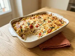 Gratin de pâtes aux thon, tomates cerises et basilic