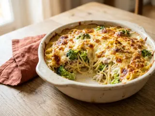 Baked spaghetti with tuna, broccoli and Parmesan