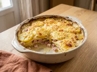 Gratin de pommes de terre au jambon et fromage râpé