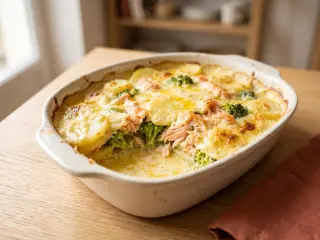 Gratin de pommes de terre au saumon et brocolis