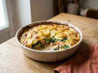 Gratin de pommes de terre au saumon et épinards
