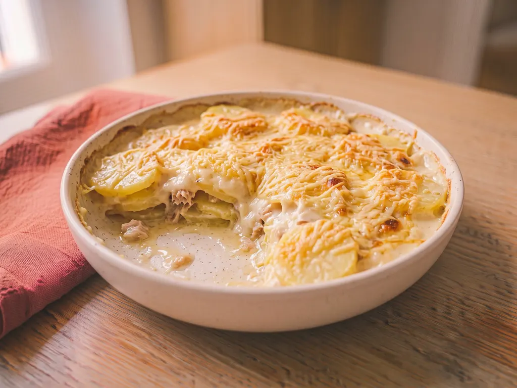 Cheesy potato and tuna gratin, a serving idea
