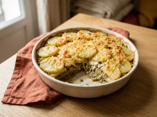 Gratin de pommes de terre aux lentilles et fromage râpé