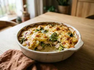 Gratin de pommes de terre, blanc de poulet et brocolis