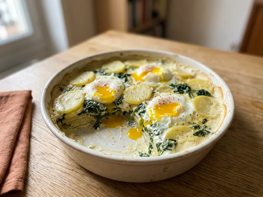 Potato and spinach gratin with poached eggs, a serving idea