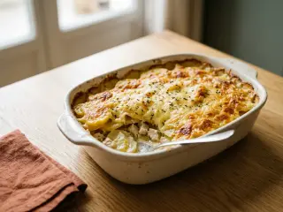 Gratin de pommes de terre et blanc de poulet aux herbes