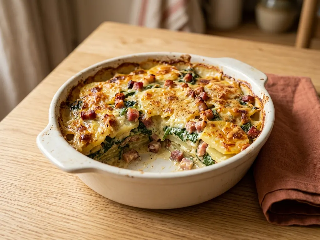 Gratin de pommes de terre, lardons et épinards à la crème