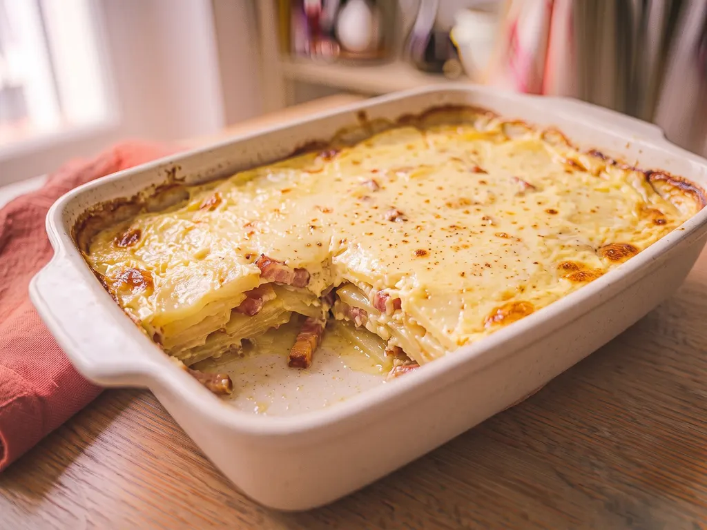 Gratin de pommes de terre, lardons et œufs, une idée de présentation