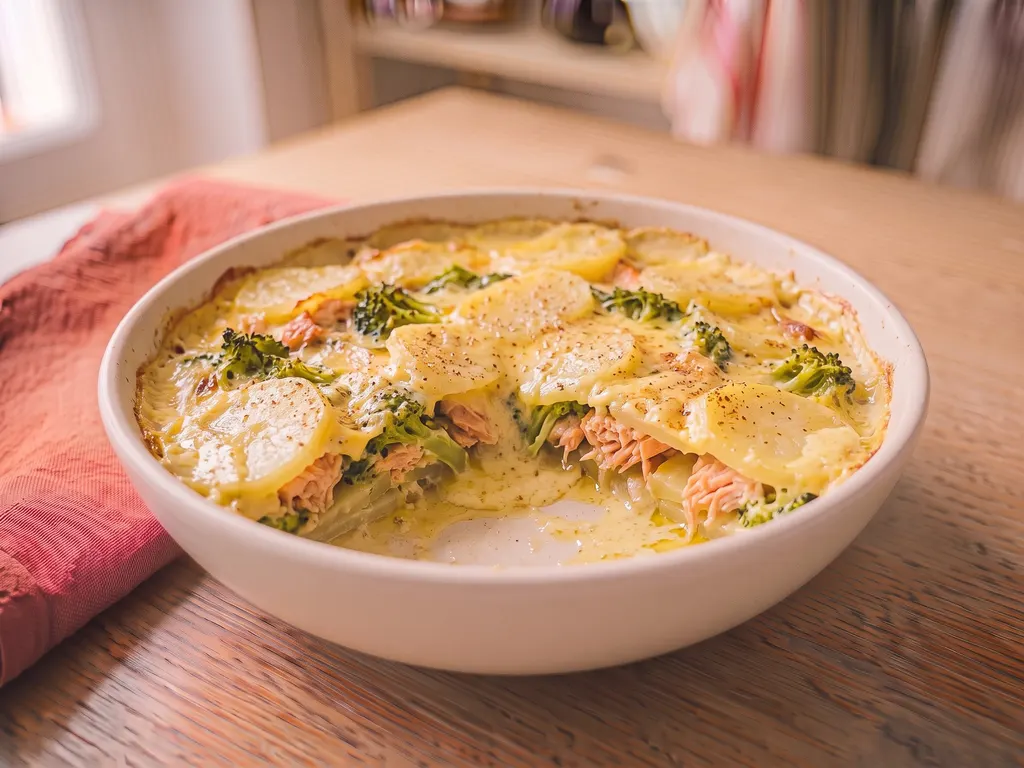 Gratin de pommes de terre, saumon et brocolis