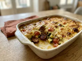 Gratin de semoule, merguez et légumes méditerranéens
