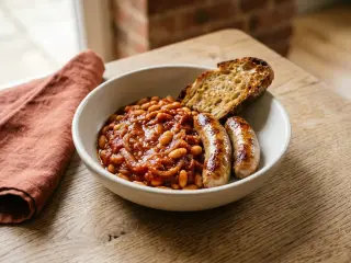 Sausages with white beans in tomato sauce
