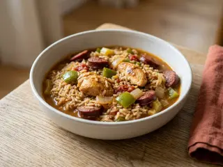 Jambalaya au poulet et saucisse fumée