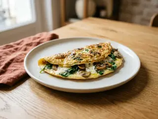 Omelette aux champignons, épinards et fromage de chèvre