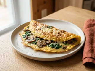 Omelette aux champignons, épinards et fromage râpé