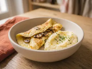 Omelette aux champignons et purée de pommes de terre
