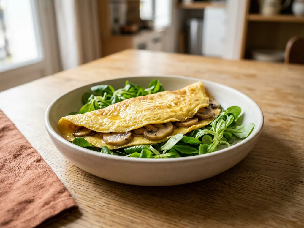 Mushroom omelet with lamb's lettuce salad: AI-generated image, serving idea