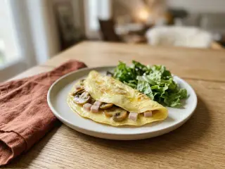 Omelette aux champignons, jambon et salade verte