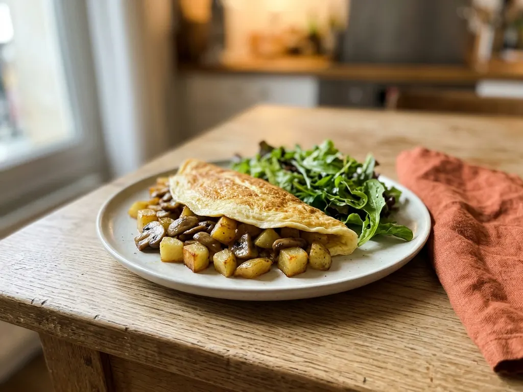 Mushroom omelet with crispy potatoes and green salad, a serving idea