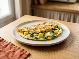 Omelette aux pommes de terre, épinards et fromage de chèvre