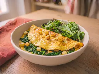 Omelette aux pommes de terre et épinards, salade verte
