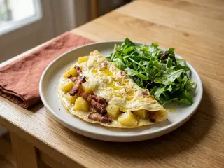 Omelette aux pommes de terre et lardons, salade verte