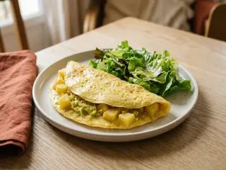 Omelette aux pommes de terre et poireaux, salade verte