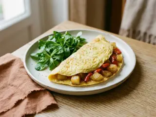 Omelette aux pommes de terre et poivrons, salade verte