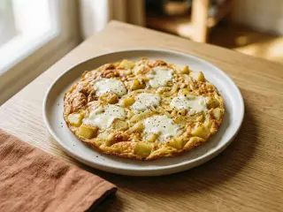 Omelette aux pommes de terre, oignons et fromage de chèvre