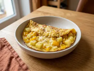Omelette aux pommes de terre, poivrons et fromage râpé