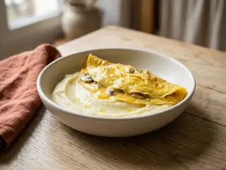 Omelette baveuse aux champignons et purée de pommes de terre