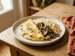 Omelette baveuse aux champignons et riz basmati