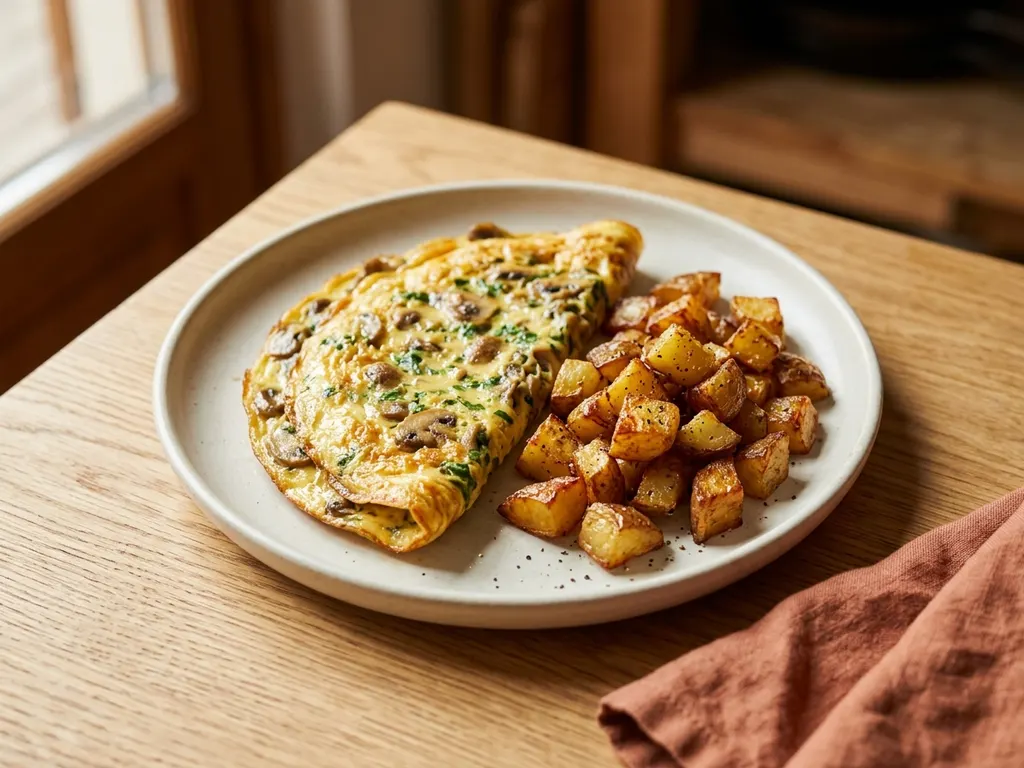 Omelette forestière aux champignons et pommes de terre rôties