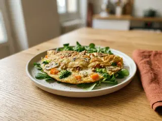 Omelette moelleuse aux trois légumes et noix, salade de mâche