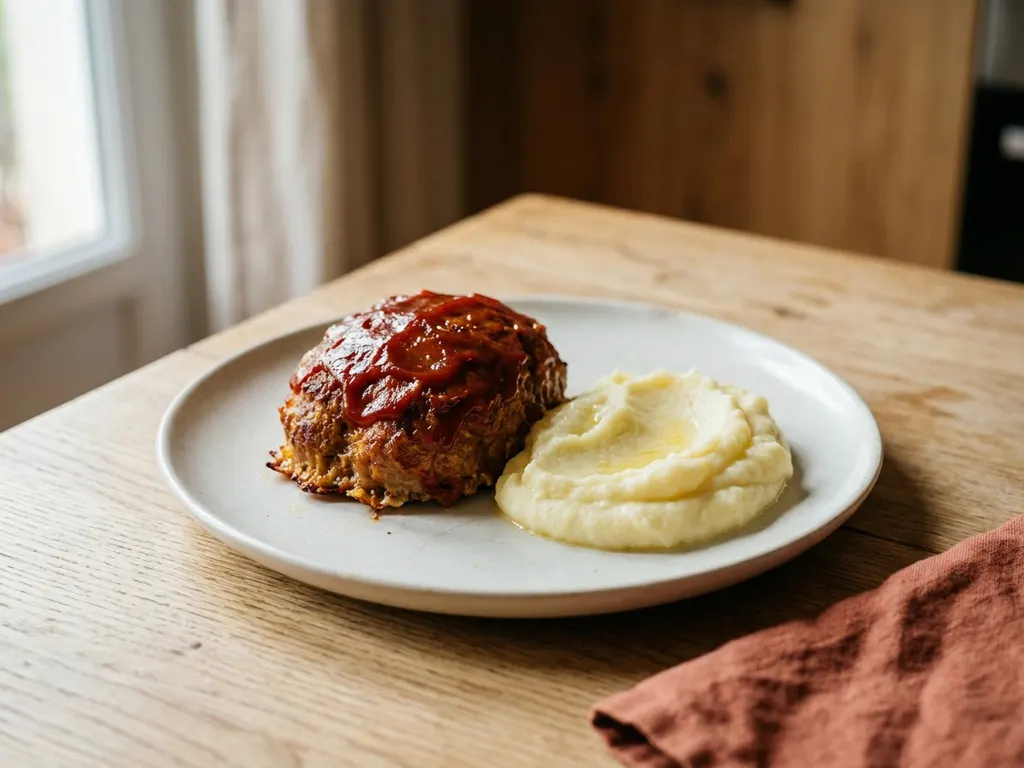 Ketchup-glazed meatloaf with mashed potatoes, a serving idea