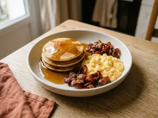 Pancakes with crispy bacon and scrambled eggs