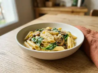 Pâtes à la carbonara revisitée aux champignons et épinards